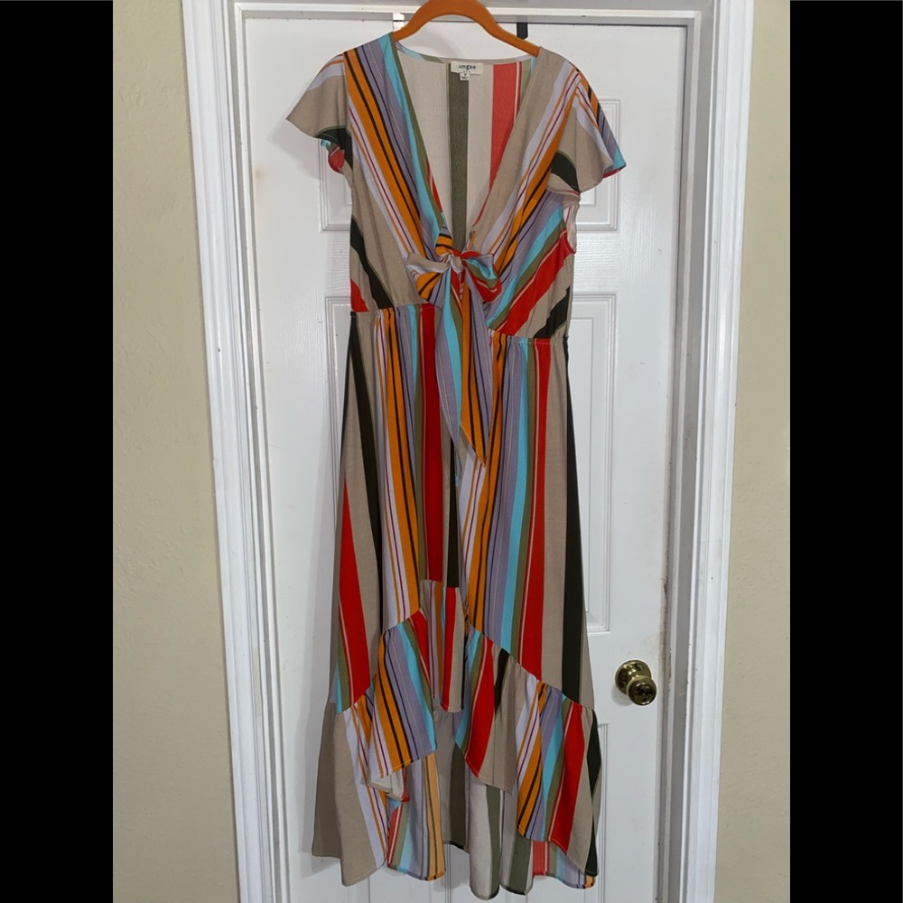 UMGEE Beautiful Bright Multicolor Stripe V-Neck Hi-Low Boho Maxi Dress~Sz M